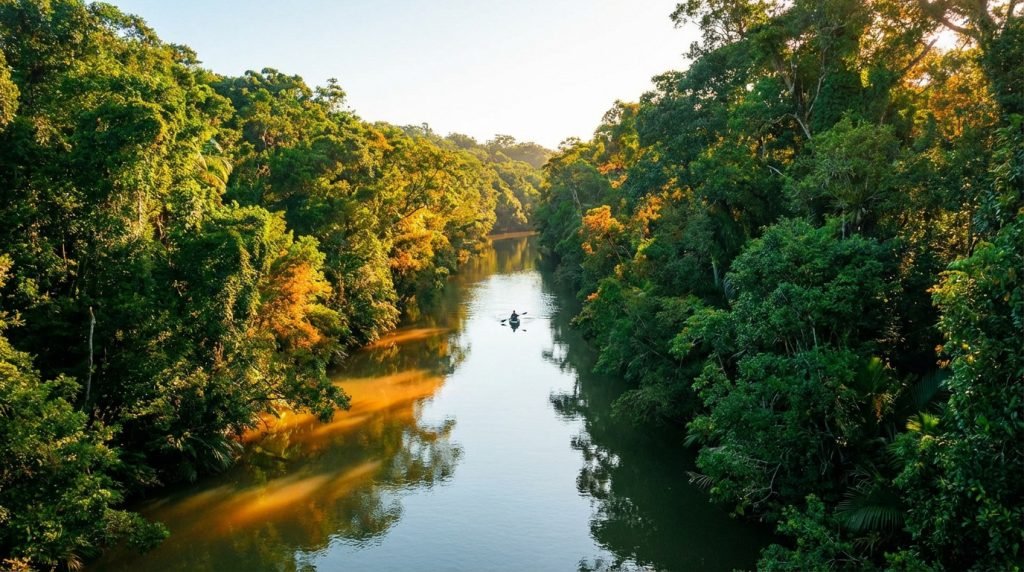 Cinematic shot of a kayaker on a calm, sunlit river in a vibrant green tropical forest, with warm orange reflections.